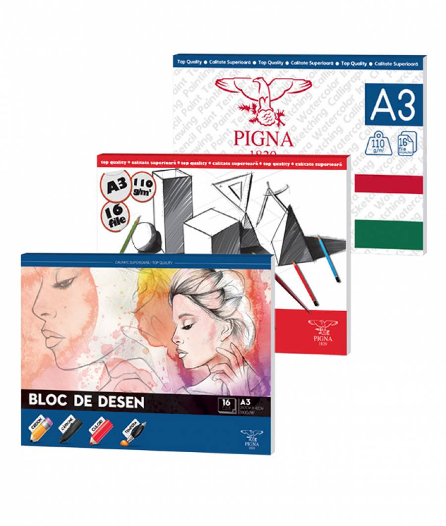 Bloc desen, A3, Pigna, hartie speciala 110gr, recomandat acuarela, tempera, acrilic, 16file