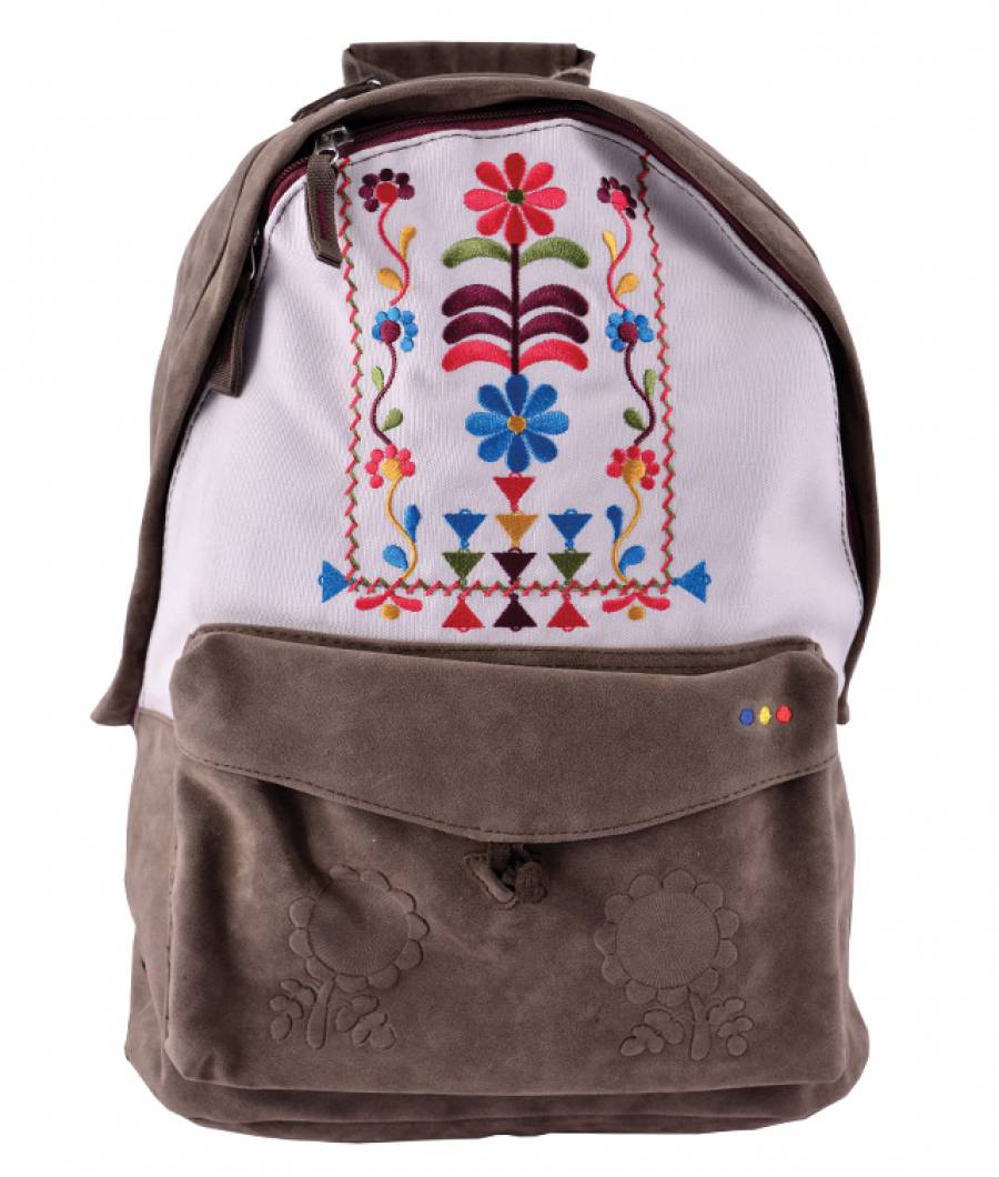 Rucsac Traditional CANVAS (cu piele ecologica maro-bej-multicolor)