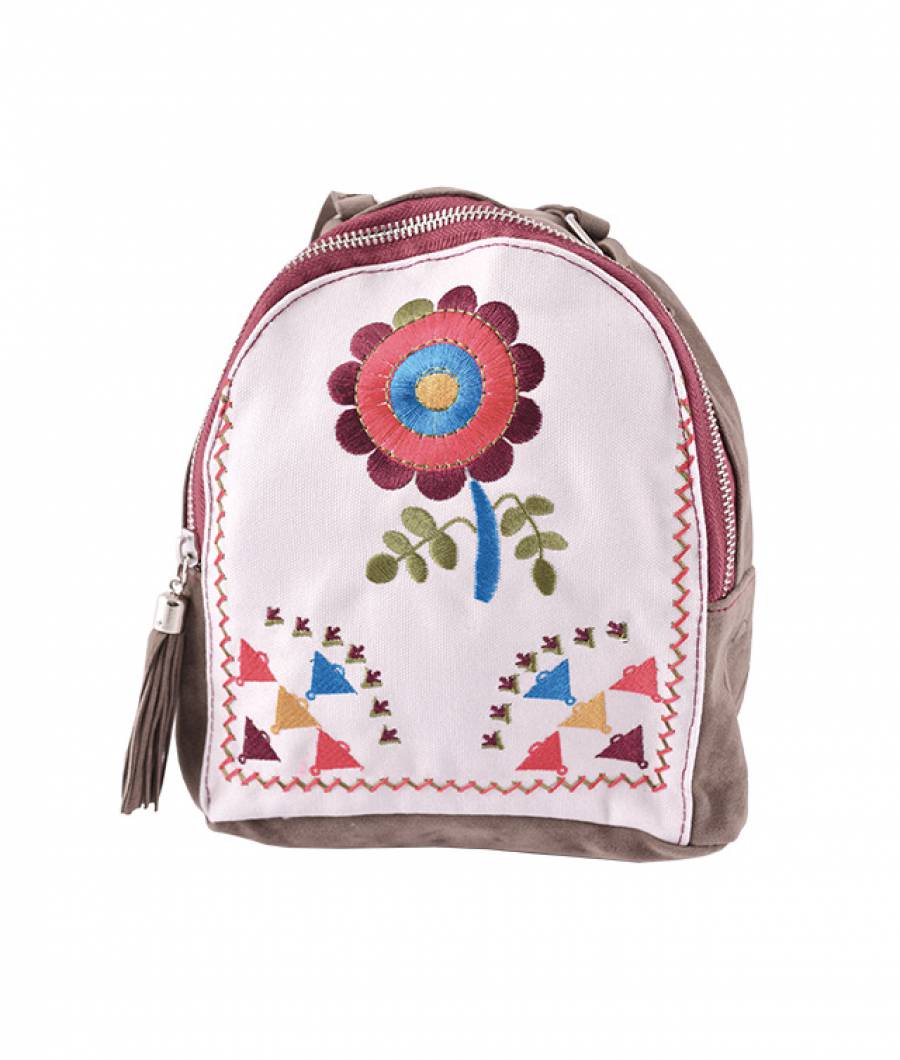 Mini-Rucsac Traditional CANVAS bej (cu piele ecologica maro)