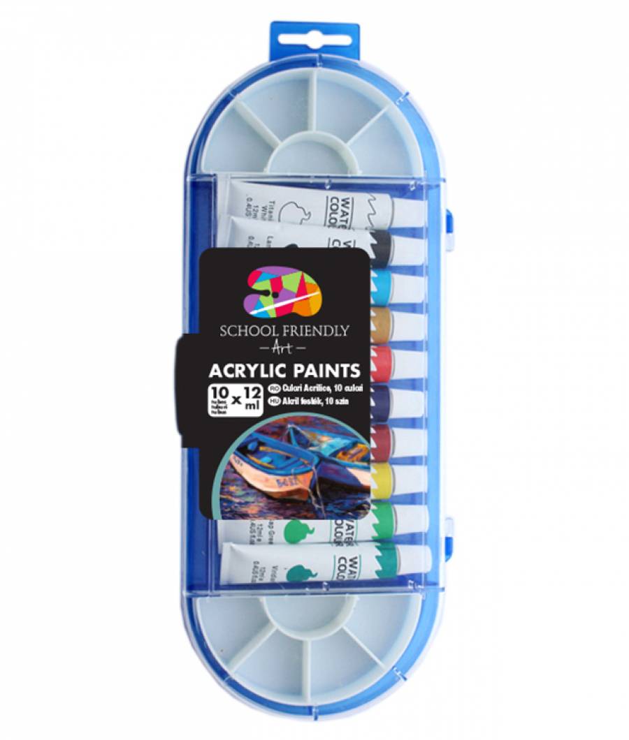 Set Acrilice 10 culori 12ml tub metal pensula paleta pictura SF ART