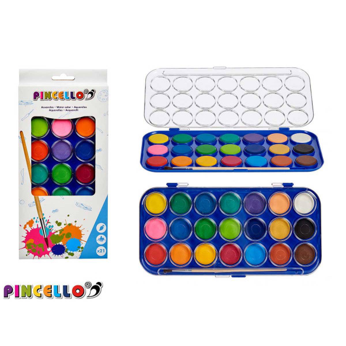 Acuarele Pincello 21 culori format 1,5x13x27,5cm cu o pensula inclusa