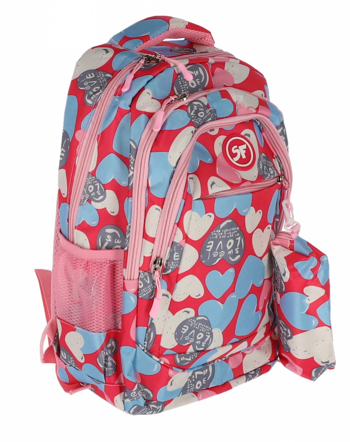 Ghiozdan SF, 4Fermoare 42cm cu penar etui ROSU Inimi