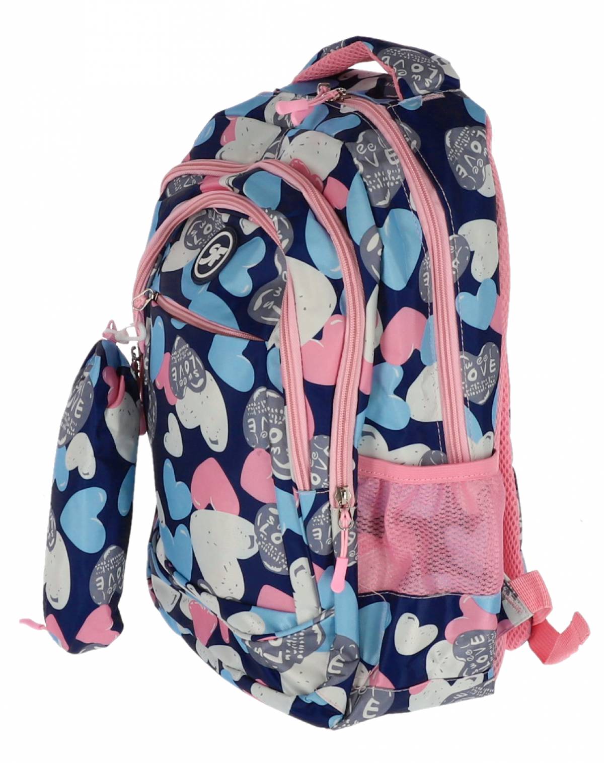 Ghiozdan SF, 4Fermoare 42cm cu penar etui BLUE Inimi