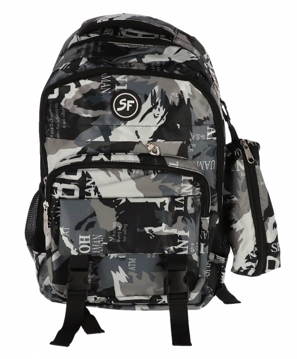 Ghiozdan SF, 4Fermoare 42cm cu penar etui CAMUFLAJ NEGRU