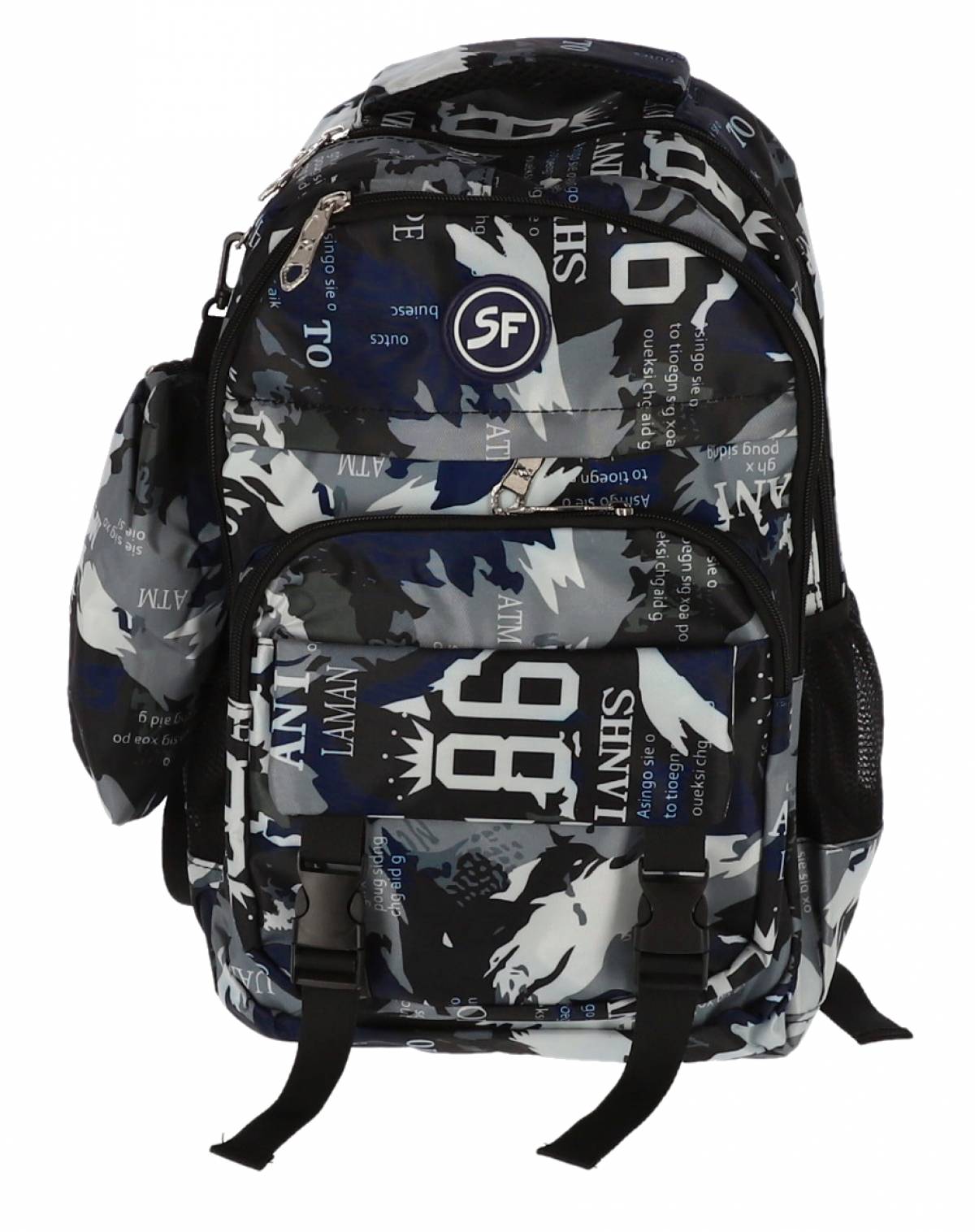 Ghiozdan SF, 4Fermoare 42cm cu penar etui catarame CAMUFLAJ ALBASTRE