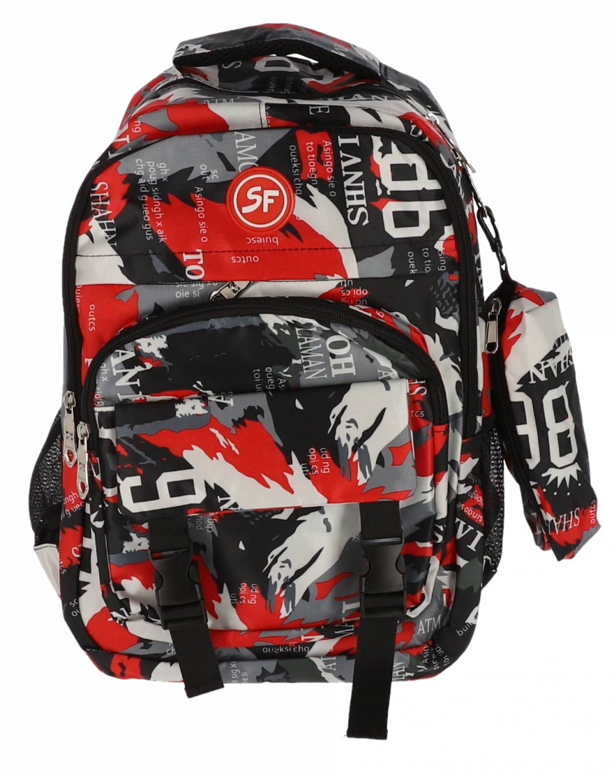 Ghiozdan SF, 4Fermoare 42cm cu penar etui catarame CAMUFLAJ ROSU