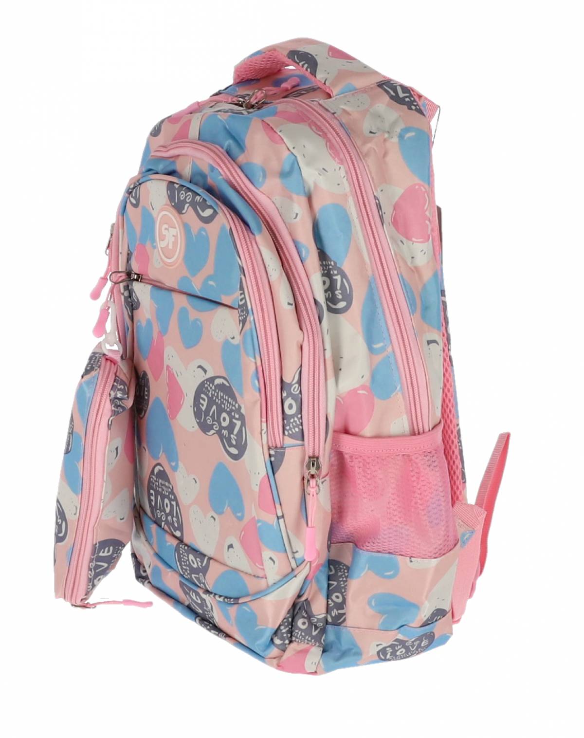 Ghiozdan SF, 4Fermoare 42cm cu penar etui ROZ Inimi