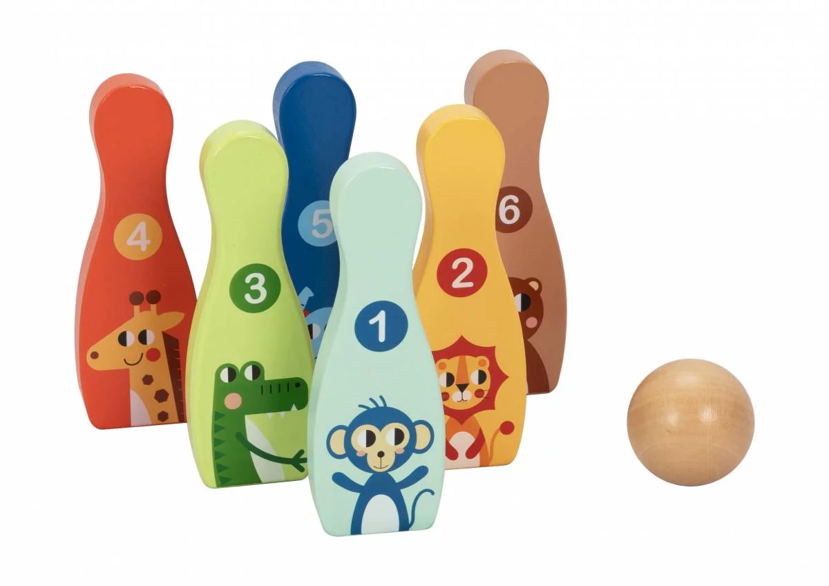 Joc de Bowling din Lemn pentru Copii – Set Educativ cu Popice Colorate