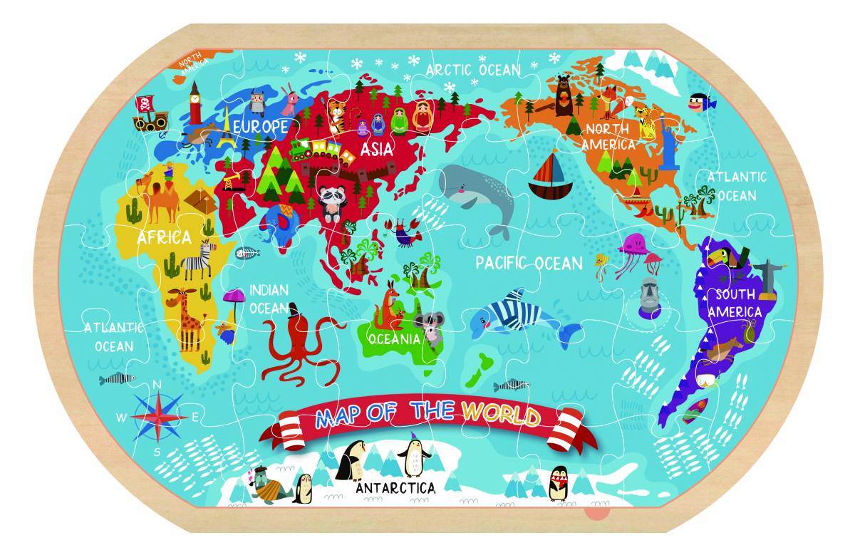 Joc Educativ Montessori Puzzle Harta Lumii din Lemn pentru Copii
