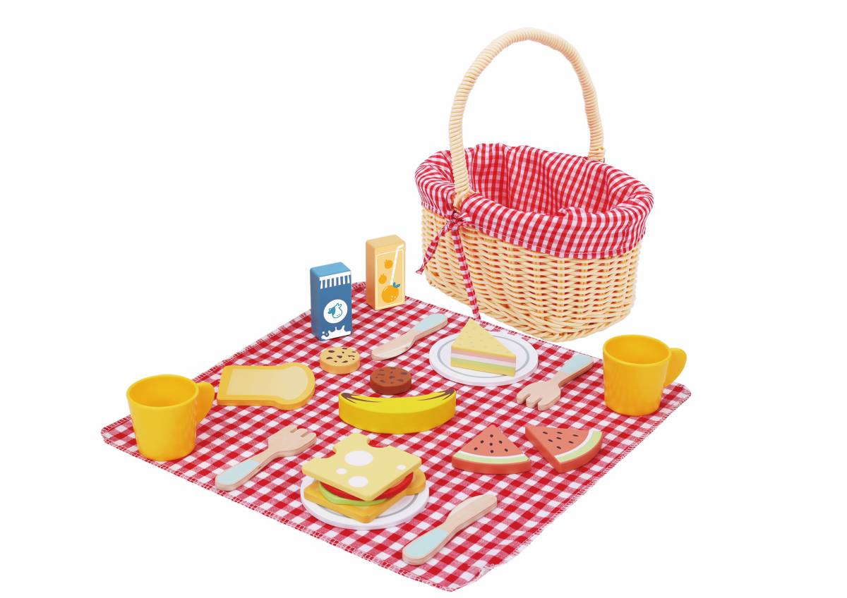 Joc Montessori Cos Picnic din Lemn pentru Copii cu Accesorii, Set Joc de Rol Picnic