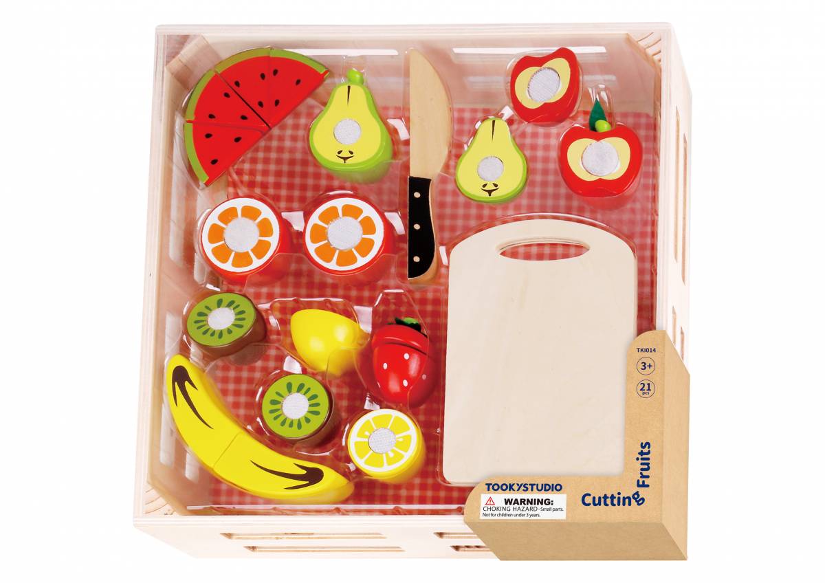 Joc Montessori Educativ Set Fructe de Taiat din Lemn pentru Copii, cu Cutit si Ladita