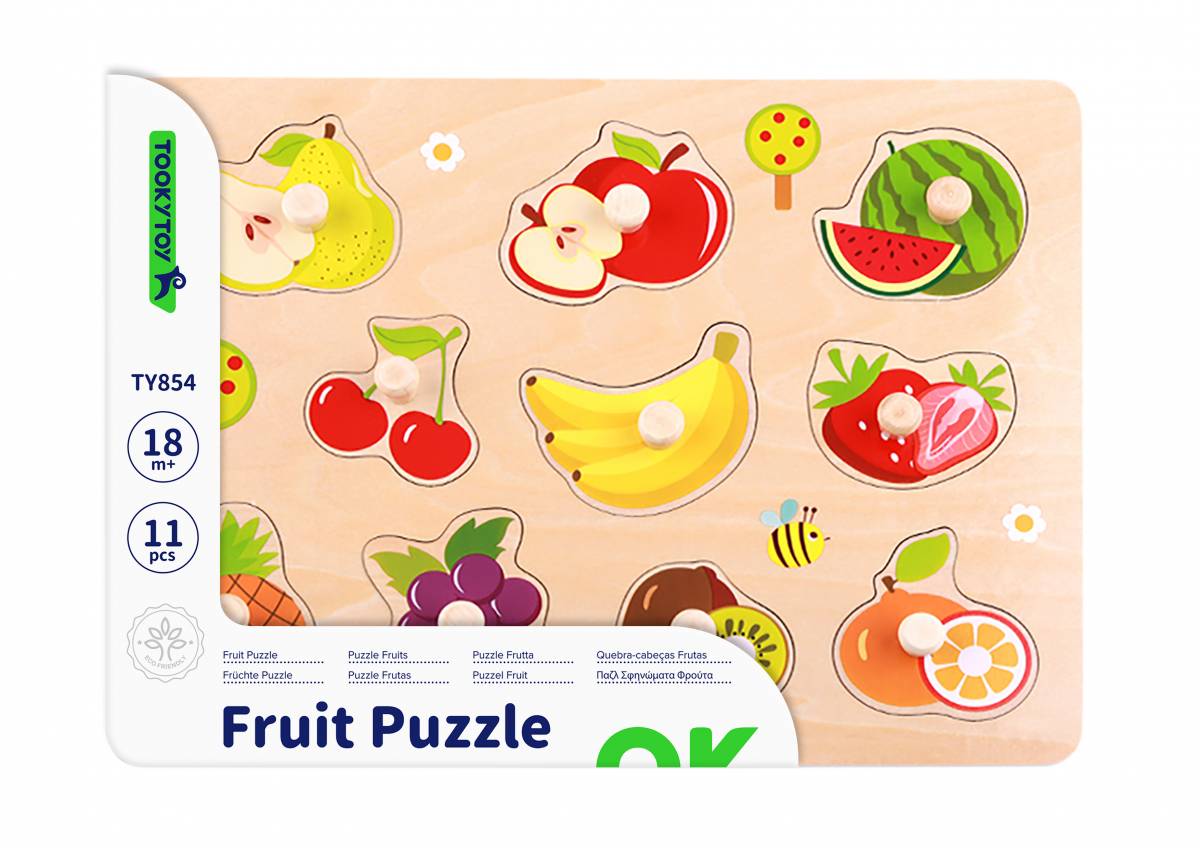Joc Montessori Puzzle Educativ Fructe din Lemn pentru Copii, cu Butoni