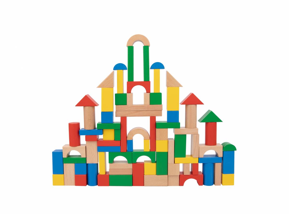 Joc Montessori Set Constructie din Lemn 100 Piese pentru Copii, Blocuri Colorate