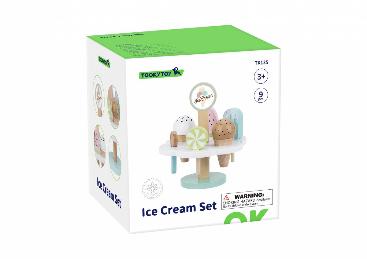 Joc Montessori Set Inghetata din Lemn pentru Copii, Ice Cream Set cu Accesorii, Joc de Rol Educativ