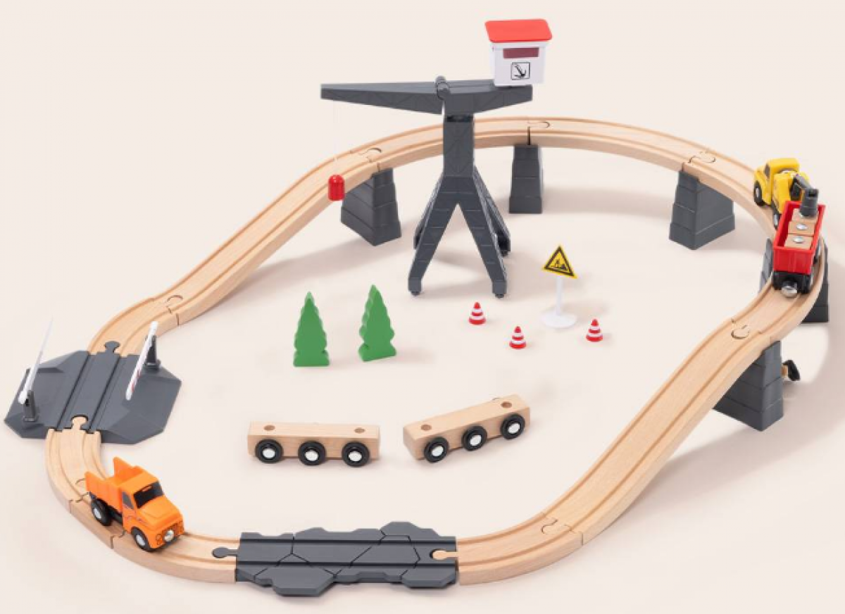 Joc Montessori Set Tren din Lemn pentru Copii, Train Set Medium cu Sine si Accesorii,