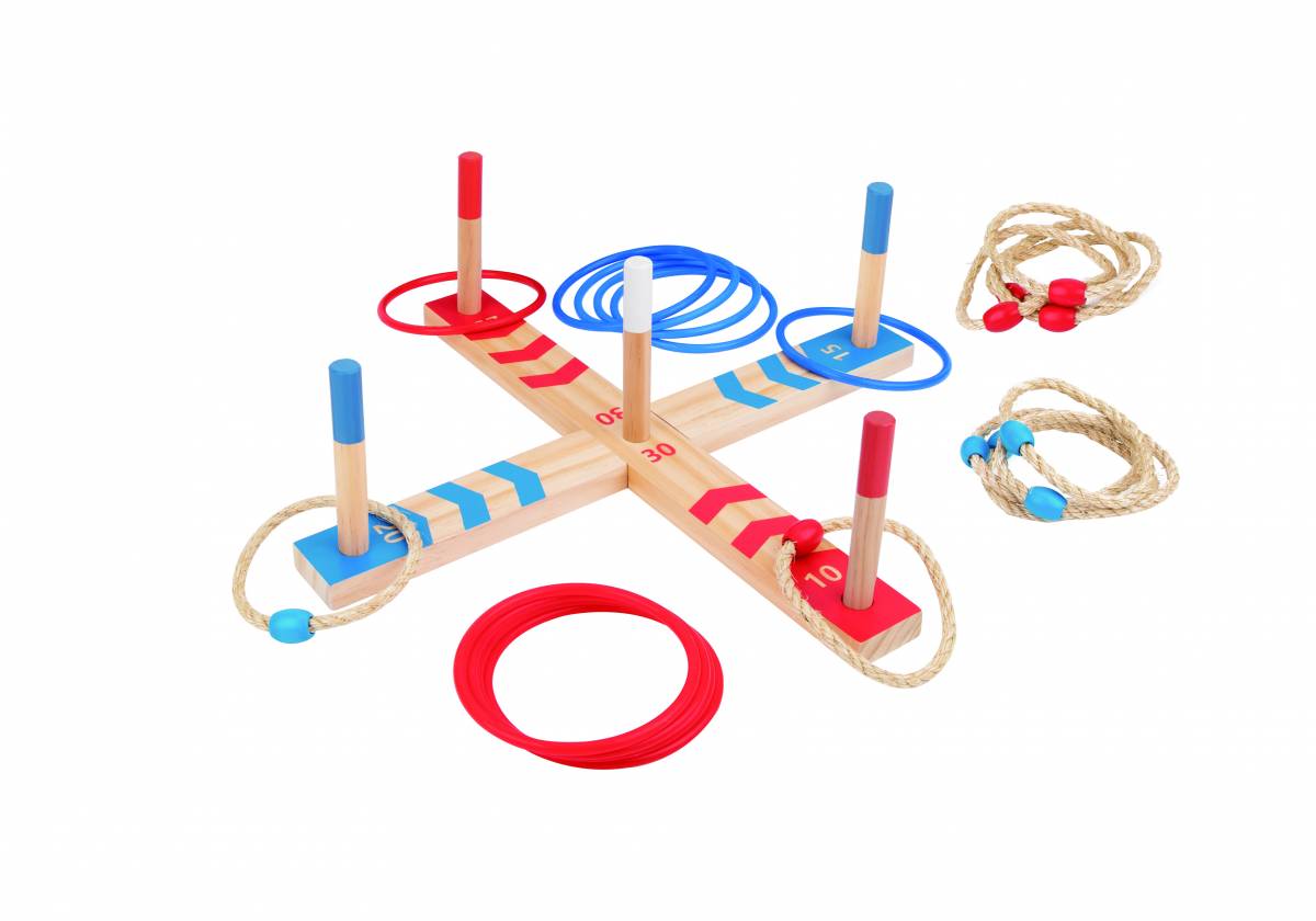 Jucarie Ring Toss din Lemn, Joc de Aruncare Inele pentru Copii si Familie, Set Exterior/Interior