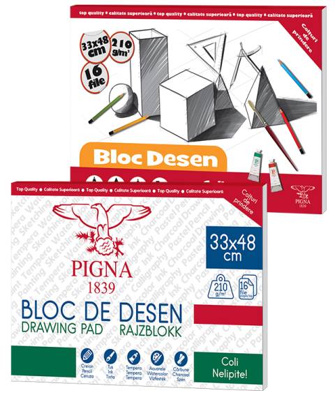Bloc desen, 33X48cm, Pigna, hartie speciala 210g, 16file, recomandat acuarela, tempera, acrilic, foi libere