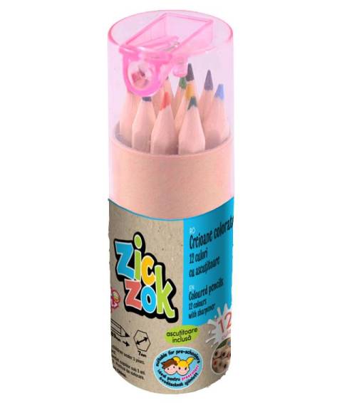 Creioane Color ZIC ZOK PRESCOLARI 12buc corp natur cu ascutitoare